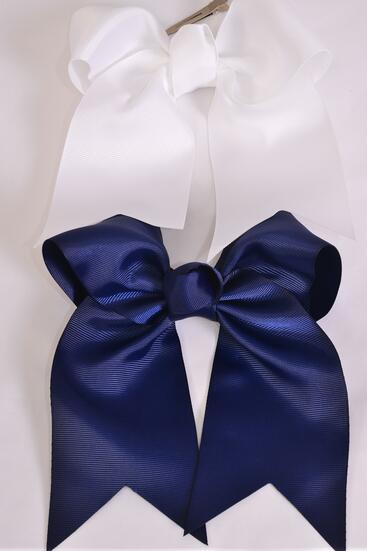 Hair Bow Extra Jumbo Long Tail Navy White Mix Grosgrain Bow-tie / 12 pcs Bow = Dozen  Alligator Clip , Size - 6.5" x 6" , 6 Navy , 6 White Asst , Clip Strip & UPC Code