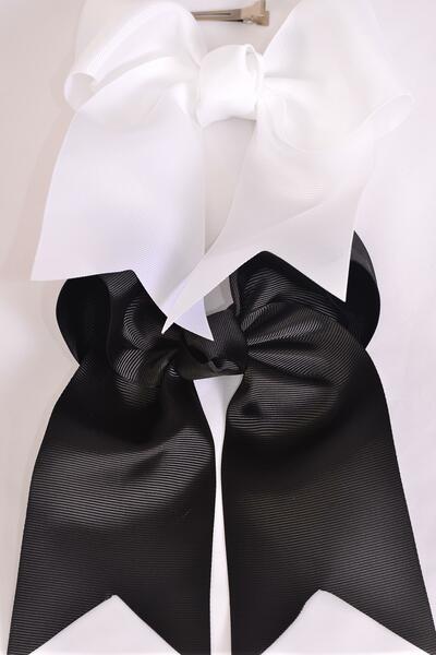 Hair Bow Extra Jumbo Long Tail Cheer Type Bow Black White Mix Grosgrain Bow-tie / 12 pcs bow = Dozen Alligator Clip , Size - 6.5" x 6" Wide , 6 Black , 6 White Asst , Clip Strip & UPC Code