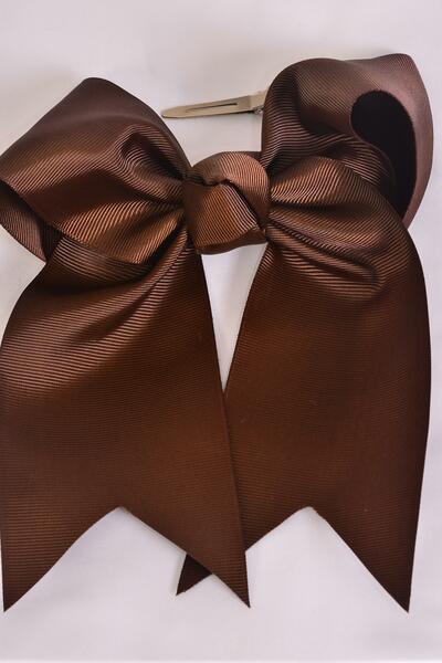 Hair Bow Extra Jumbo Long Tail Cheer Type Bow Dark Brown Grosgrain Bow-tie / 12 pcs Bow = Dozen  Dark Brown , Alligator Clip , Size - 6.5" x 6" Wide , Clip Strip & UPC Code