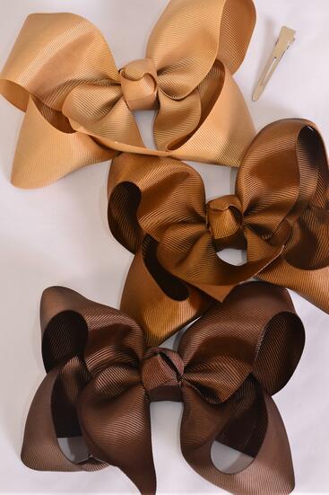 Hair Bow Jumbo Brown Khaki Color Mix Grosgrain Bow-tie / 12 pcs Bow = Dozen Alligator Clip , Size - 6" x 5" Wide , 4 Dark Brown , 4 Light Brown , 4 Khaki Color Asst , Clip Strip & UPC Code
