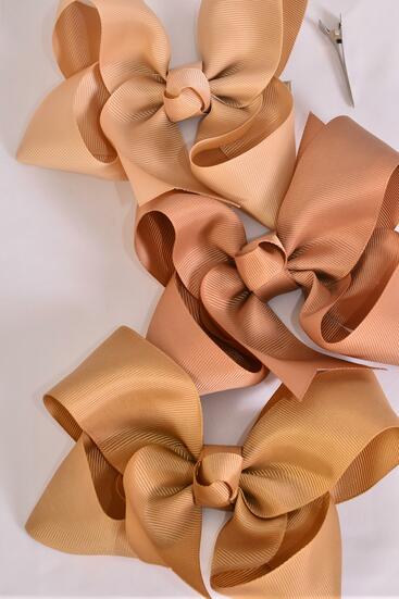 Hair Bow Jumbo Khaki Mix Grosgrain Bow-tie / 12 pcs Bow = Dozen Alligator Clip , Size - 6" x 5" Wide , 4 Of Each Pattern Mix , Clip Strip & UPC Code