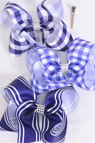 Hair Bow Jumbo Navy Plaid Stripe Mix Grosgrain Bow-tie / 12 pcs Bow = Dozen  Alligator Clip , Size - 6" x 5" Wide , 4 Of each Pattern Asst , Clip Strip and UPC Code