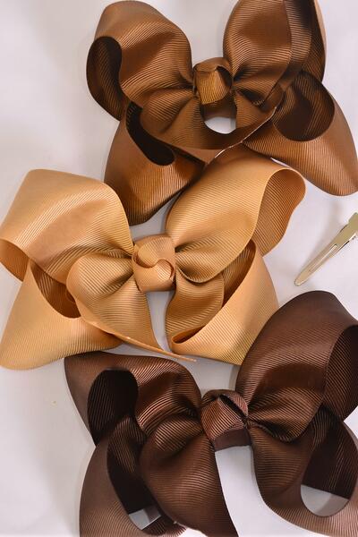 Hair Bow Jumbo Brown Khaki Color Mix Grosgrain Bow-tie / 12 pcs Bow = Dozen Alligator Clip , Size - 6" x 5" Wide , 4 Dark Brown , 4 Light Brown , 4 Khaki Color Asst , Clip Strip & UPC Code