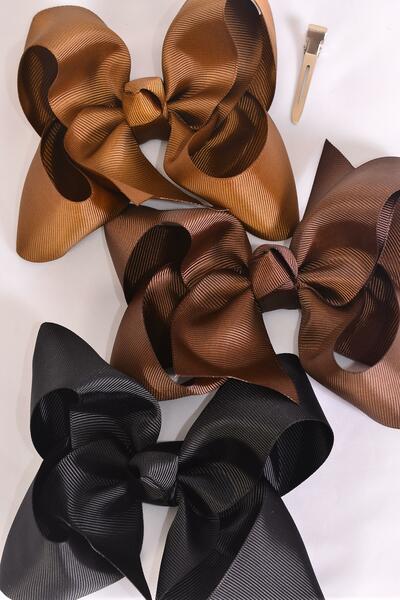 Hair Bow Jumbo Brownstone Mix Grosgrain Bow-tie / 12 pcs Bow = Dozen Alligator Clip , Size - 6" x 5" Wide , 4 Black , 4 Brown , 4 Light Brown Color Asst , Clip Strip & UPC Code