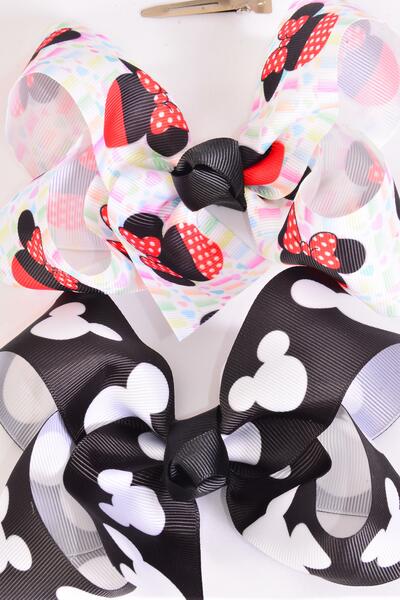 Hair Bow Jumbo Mouse Ear Mix Grosgrain Bow-tie / 12 pcs Bow = Dozen Alligator Clip , Size - 6" x 5" Wide , 6 of Each Pattern Asst , Clip Strip & UPC Code