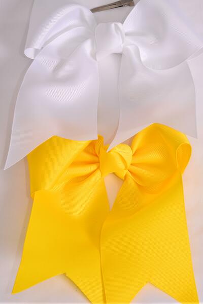 Hair Bow Extra Jumbo Long Tail Daffodil Yellow White Color Mix Grosgrain Bow-tie / 12 pcs Bow = Dozen Alligator Clip , Size - 6.5" x 6" Wide , 6 Daffodil Yellow , 6 White Color Asst , Clip Strip & UPC Code