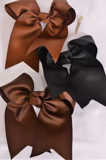 Hair Bow Extra Jumbo Long Tail Cheer Type Bow Browntone Mix Grosgrain Bow-tie / 12 pcs Bow = Dozen Brown Tone Mix , Alligator Clip , Size - 6.5" x 6" Wide , 4 Of each Pattern Asst , Clip Strip & UPC Code