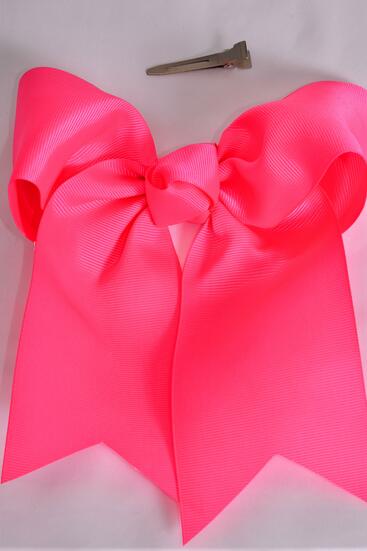 Hair Bow Extra Jumbo Long Tail Cheer Type Bow Neon Pink Grosgrain Bow-tie / 12 pcs Bow = Dozen  Neon Pink , Alligator Clip , Size - 6.5" x 6" Wide , Clip Strip and UPC Code