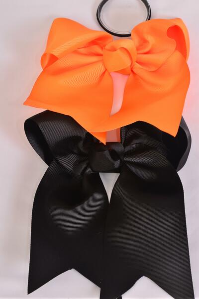 Hair Bow Extra Jumbo Long Tail Cheer Type Bow Elastic Black Orange Mix Grosgrain Bow-tie /12 pcs Bow = Dozen Elastic , Size - 6.5" x 6" Wide , 6 Autumn Orange , 6 Black Color Asst , Clip Strip & UPC Code