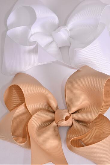 Hair Bow Jumbo Khaki White Mix Grosgrain Bow-tie / 12 pcs Bow = Dozen Alligator Clip , Size - 6" x 5" Wide , 6 White , 6 Dark Khaki Asst , Clip Strip & & UPC Code