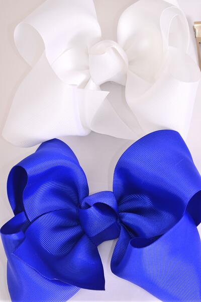 Hair Bow Jumbo Royal Blue White Mix Grosgrain Bow-tie/ 12 pcs Bow = Dozen Alligator Clip , Size - 6" x 5" Wide , 6 Royal Blue , 6 White Color Asst , Clip Strip & UPC Code