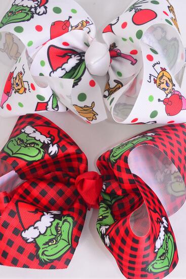 Hair Bow Jumbo Christmas Grinch Mix Grosgrain Bow-tie / 12 pcs Bow = Dozen match 01012 Grinch , Alligator Clip , Size - 6" x 5" Wide , 6 Of Each Pattern Asst , Clip Strip & UPC Code