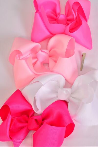 Hair Bow Jumbo Pink Mix Grosgrain Bow-tie / 12 pcs Bow = Dozen  Alligator Clip , Bow Size - 6" x 5" Wide , 3 Baby Pink , 3 Hot Pink , 3 Fuchsia , 3 White Color Mix , Clip Strip & UPC Code
