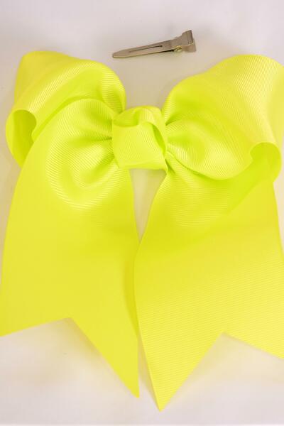 Hair Bow Extra Jumbo Long Tail Cheer Type Bow Neon Yellow Grosgrain Bow-tie / 12 pcs Bow = Dozen  Neon Yellow , Alligator Clip , Size - 6.5" x 6" Wide , Clip Strip & UPC Code