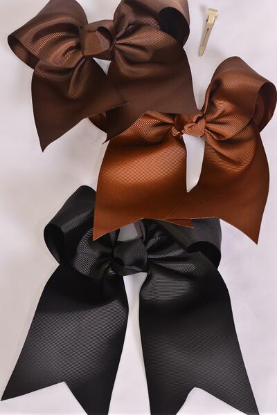 Hair Bow Extra Jumbo Long Tail Cheer Type Bow Browntone Mix Grosgrain Bow-tie / 12 pcs Bow = Dozen Brown Tone Mix , Alligator Clip , Size - 6.5" x 6" Wide , 4 Of each Pattern Asst , Clip Strip & UPC Code