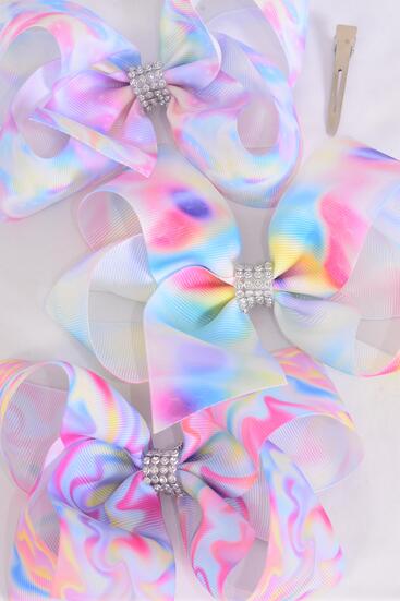 Hair Bow Jumbo Northern Light Tiedye Water Color Grosgrain Bow-tie / 12 pcs Bow = Dozen Alligator Clip , Size - 6" x 5" Wide , 4 OF Each Pattern Asst , Clip Strip and UPC Code