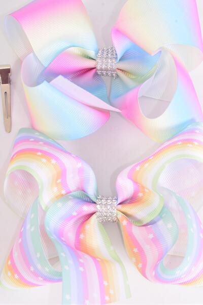 Hair Bow Jumbo Pastel Tiedye Rainbow Stars Grosgrain Bow-tie /  12 pcs Bow = Dozen  Alligator Clip , Size - 6" x 5" Wide , 6 Of Each Pattern Asst , Clip Strip & UPC Code