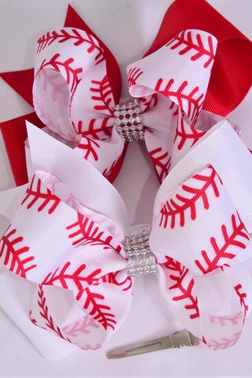Hair Bow Jumbo Double Layered Baseball Grosgrain Bow-tie / 12 pcs Bow = Dozen Alligator Clip , Size - 6" x 5" Wide , 6 Red , 6 white Color Asst , Clip Strip and UPC Code