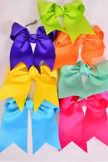 Hair Bow Extra Jumbo Long Tail Citrus Alligator Clip Grosgrain Bowtie / 12 pcs Bow = Dozen Alligator Clip , Size - 6.5" x 6" , 2 Aqua , 2 Fuchsia , 2 Purple , 2 Yellow , 2 Turquoise , 1 Lime , 1 Orange Color Asst , Clip Strip and UPC Code