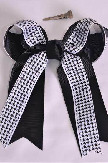 Hair Bow Jumbo Long Tail Double Layered Hound tooth Grosgrain Bow-tie Black / 12 pcs Bow = Dozen Black , Alligator Clip , Bow - 6.5" x 6" Wide , Clip Strip and UPC Code