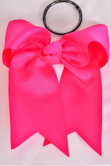 Hair Bow Extra Jumbo Long Tail Cheer Type Bow Fuchsia Elastic Grosgrain Bow-tie / 12 pcs Bow = Dozen Fuchsia , Elastic , Size - 6.5" x 6" Wide , Clip Strip & UPC Code