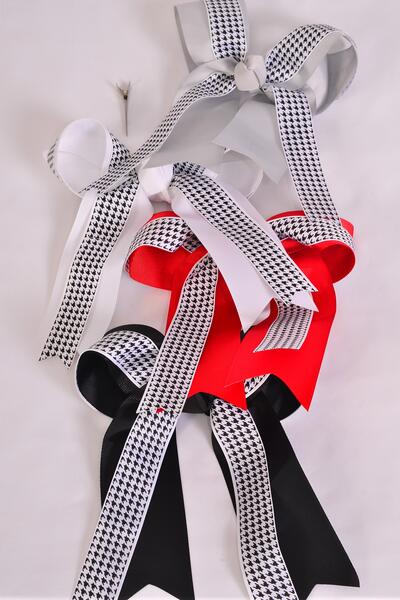 Hair Bow Jumbo Long Tail Double Layered Hound tooth Grosgrain Bow-tie / 12 pcs Bow = Dozen Alligator Clip , Bow - 6.5" x 6" Wide , 3 Black , 3 White , 3 Red , 3 Gray Asst , Clip Strip and UPC Code