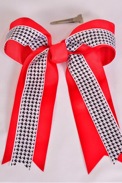 Hair Bow Jumbo Long Tail Double Layered Hound tooth Grosgrain Bow-tie Red / 12 pcs Bow = Dozen Red , Alligator Clip , Bow - 6.5" x 6" Wide , Clip Strip and UPC Code