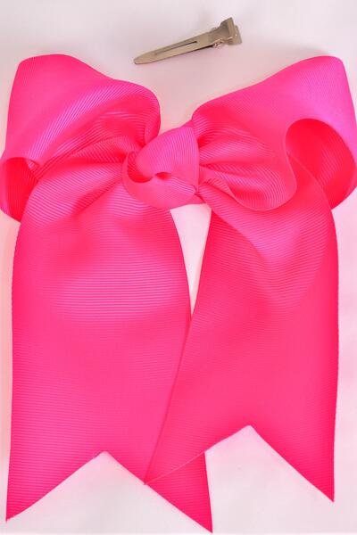 Hair Bow Extra Jumbo Long Tail Cheer Type Bow Fuchsia Grosgrain Bow-tie / 12 pcs Bow = Dozen Fuchsia , Alligator Clip , Size - 6.5" x 6" Wide , Clip Strip & UPC Code