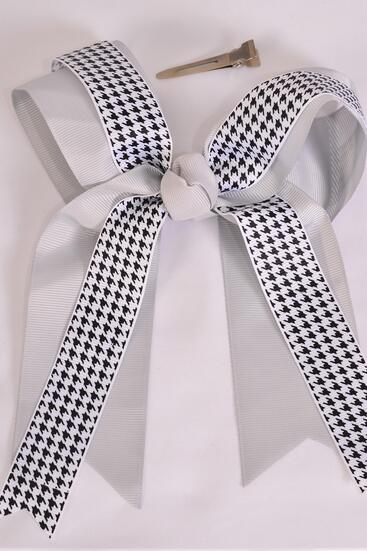 Hair Bow Jumbo Long Tail Double Layered Hound tooth Grosgrain Bow-tie Gray / 12 pcs Bow = Dozen Gray , Alligator Clip , Bow - 6.5" x 6" Wide , Clip Strip and UPC Code