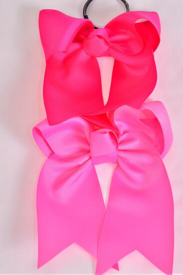 Hair Bow Extra Jumbo Long Tail Cheer Type Bow Elastic Hot Pink Fuchsia Color Mix Grosgrain Bow-tie / 12 pcs Bow = Dozen Elastic , Size - 6.5" x 6" Wide , 6 Hot Pink , 6 Fuchsia Color Asst , Clip Strip & UPC Code