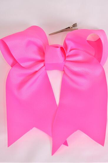 Hair Bow Extra Jumbo Long Tail Cheer Type Bow Hot Pink Grosgrain Bow-tie / 12 pcs Bow = Dozen Hot Pink , Alligator Clip , Size - 6.5" x 6", Clip Strip & UPC Code