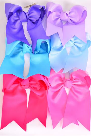 Hair Bow Extra Jumbo Long Tail Cheer Type Bow Spring Mix  Grosgrain Bow-tie / 12 pcs Bow = Dozen   Alligator Clip , Size - 6.5" x 6" Wide , 2 Baby Pink , 2 Hot Pink , 2 Lavender , 2 Purple , 2 baby Blue , 2 Turquoise Mix , Clip Strip and UPC Code