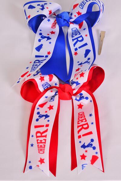 Hair Bow Long Tail Cheerleader Bow Double Layered Grosgrain Bow-tie / 12 pcs Bow = Dozen  Alligator Clip , Bow - 6.5" x 6" Wide , 6 of each Pattern Asst , Clip Strip & UPC Code