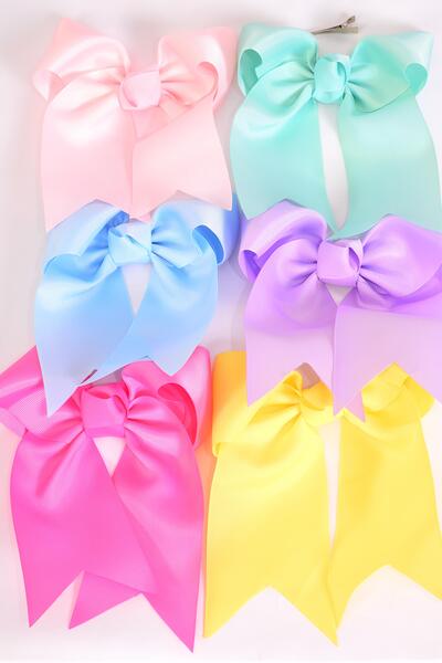 Hair Bow Extra Jumbo Long Tail Cheer Type Bow Pastel Grosgrain Bow-tie / 12 pcs Bow = Dozen Alligator Clip , Size - 6.5" x 6" , 2 Yellow , 2 Blue , 2 Hot Pink , 2 Lavender , 2 Light Pink , 2 Mint Green Color Asst , Clip Strip & UPC Code