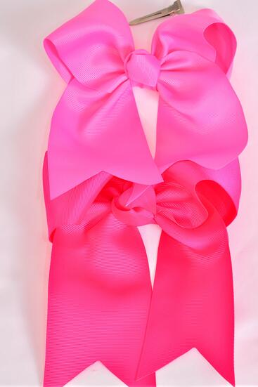 Hair Bow Extra Jumbo Long Tail Cheer Type Bow Hot Pink Fuchsia Color Mix Grosgrain Bow-tie / 12 pcs = Dozen Alligator Clip , Size - 6.5" x 6" Wide , 6 Hot Pink , 6  Fuchsia Mix , Clip Strip & UPC Code