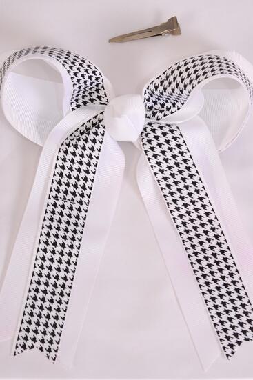 Hair Bow Jumbo Long Tail Double Layered Hound tooth Grosgrain Bow-tie White / 12 pcs Bow = Dozen White , Alligator Clip , Bow - 6.5" x 6" Wide , Clip Strip and UPC Code