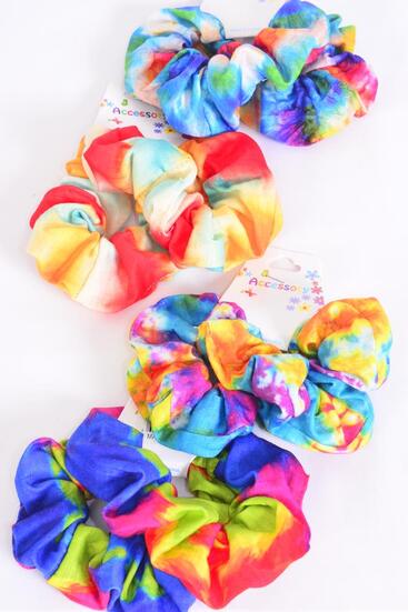Scrunchies 24 pcs Cotton Stretch Tiedye Multi / 12 card= Dozen Stretch , 3 Of each Pattern Asst , Hang Tag & OPP Bag & UPC Code