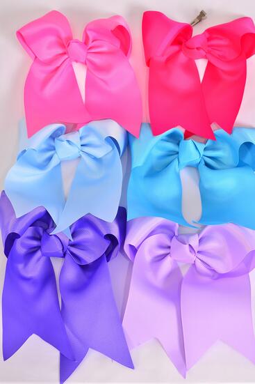 Hair Bow Extra Jumbo Long Tail Cheer Type Bow Spring Mix  Grosgrain Bow-tie / 12 pcs Bow = Dozen   Alligator Clip , Size - 6.5" x 6" Wide , 2 Baby Pink , 2 Hot Pink , 2 Lavender , 2 Purple , 2 baby Blue , 2 Turquoise Mix , Clip Strip and UPC Code