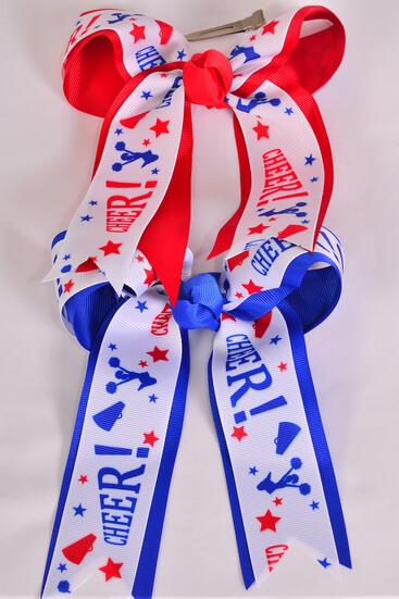 Hair Bow Long Tail Cheerleader Bow Double Layered Grosgrain Bow-tie / 12 pcs Bow = Dozen  Alligator Clip , Bow - 6.5" x 6" Wide , 6 of each Pattern Asst , Clip Strip & UPC Code