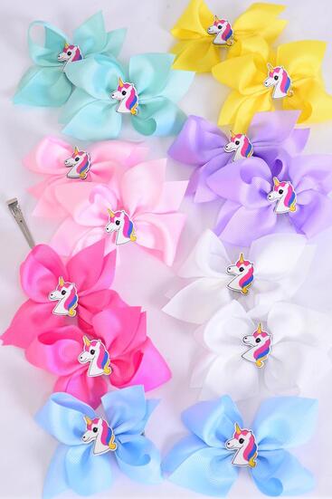 Hair Bow 24 pcs Center Unicorn Charm Pastel Grosgrain Bow-tie / 24 pcs Bow = Dozen Alligator Clip , Size - 3.5" x 3", 2 White ,2 Baby Pink ,2 Lavender ,2 Hot Pink ,2 Mint Green ,1 Blue ,1 Yellow Color Asst ,Clip Strip & UPC Code