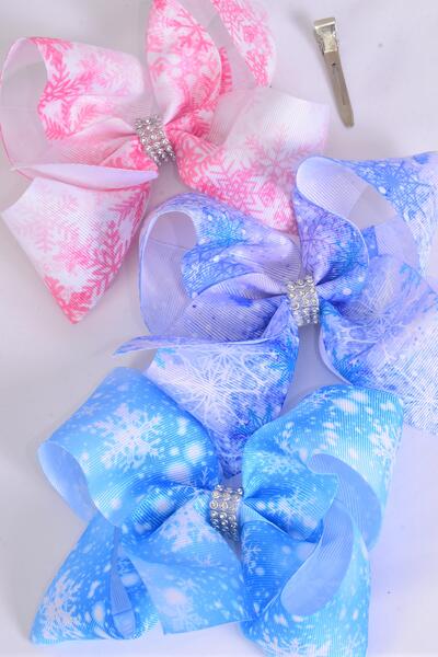 Hair Bow Jumbo Snowflake Grosgrain Bow-tie / 12 pcs Bow = Dozen  Snowflake , Alligator Clip , Size - 6" x 5" Wide , 4 Of each Pattern Asst , Clip Strip & UPC Code