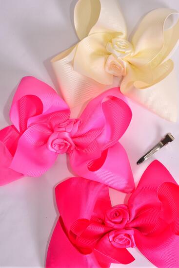 Hair Bow Jumbo Center Satin Roses Grosgrain Bow-tie Pink Mix / 12 pcs Bow = Dozen Alligator Clip , Size - 6" x 5" Wide , 4 Ivory , 4 Hot Pink , 4 Fuchsia Color Asst , Clip Strip & UPC Code