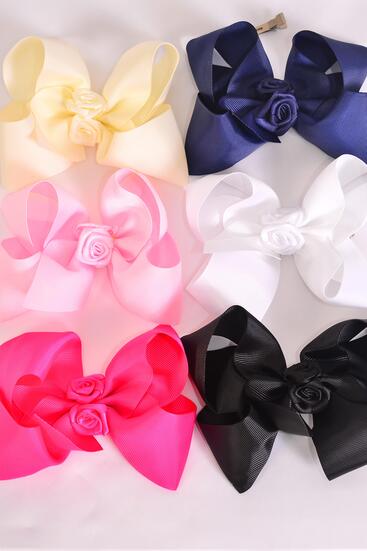 Hair Bow Jumbo Center Satin Roses Grosgrain Bow-tie Multi / 12 pcs Bow = Dozen  Alligator Clip , Size - 6" x 5" Wide , 2 White , 2 Navy , 2 Beige , 2 Black , 2 Baby Pink , 2 Fuchsia Color Asst , Clip Strip & UPC Code