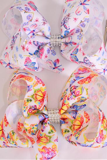 Hair Bow Jumbo Butterfly Grosgrain Bow-tie / 12 pcs Bow = Dozen Alligator Clip , Size - 6" x 5" Wide , 6 Of each Pattern Asst , Clip Strip and UPC Code