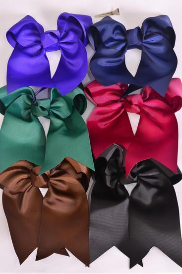 Hair Bow Extra Jumbo Long Tail Cheer Type Bow Dark Multi Grosgrain Bow-tie / 12 pcs Bow = Dozen Alligator Clip , Size - 6.5" x 6" Wide , 2 Black , 2 Brown , 2 Navy , 2 Wine , 2 Hunter Green , 2 Purple Mix , Clip Strip & UPC Code