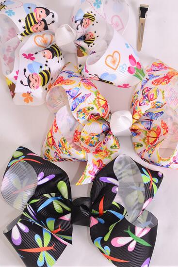 Hair Bow Jumbo Butterfly Honey Bee Dragonfly Pattern Asst Grosgrain Bow-tie / 12 pcs Bow = Dozen Alligator Clip , Size - 6" x 5" Wide , 4 Butter , 4 Honey Bee , 4 DRagonfly Pattern Asst , Clip Strip & UPC Code