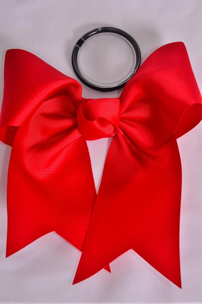 Hair Bow Extra Jumbo Long Tail Cheer Type Bow Hot Red Elastic Cheer Type Bow Grosgrain Bow-tie / 12 pcs Bow = Dozen Hot Red , Elastic , Size - 6.5" x 6" Wide , Clip Strip & UPC Code