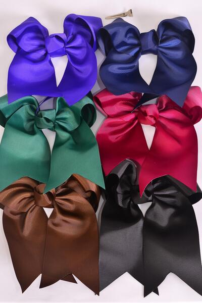 Hair Bow Extra Jumbo Long Tail Cheer Type Bow Dark Multi Grosgrain Bow-tie / 12 pcs Bow = Dozen Alligator Clip , Size - 6.5" x 6" Wide , 2 Black , 2 Brown , 2 Navy , 2 Wine , 2 Hunter Green , 2 Purple Mix , Clip Strip & UPC Code