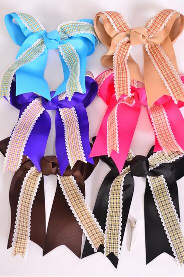 Hair Bow Jumbo Long Tail Double Layered Plaid Multi Grosgrain Bow-tie / 12 pcs Bow = Dozen Alligator Clip , Bow - 6.5" x 6" , 2 Turquoise , 2 Fuchsia , 2 Khaki , 2 Brown , 2 Black , 2 Purple Color Asst , Clip Strip & UPC Code