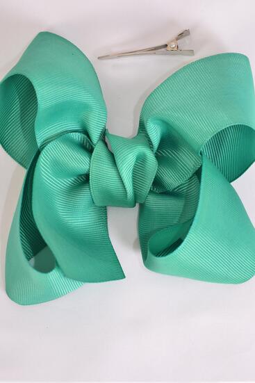 Hair Bow Jumbo Caribbean Green Grosgrain Bow-tie / 12 pcs Bow = Dozen Caribbean Green , Alligator Clip , Size - 6" x 5" Wide , Clip Strip & UPC Code